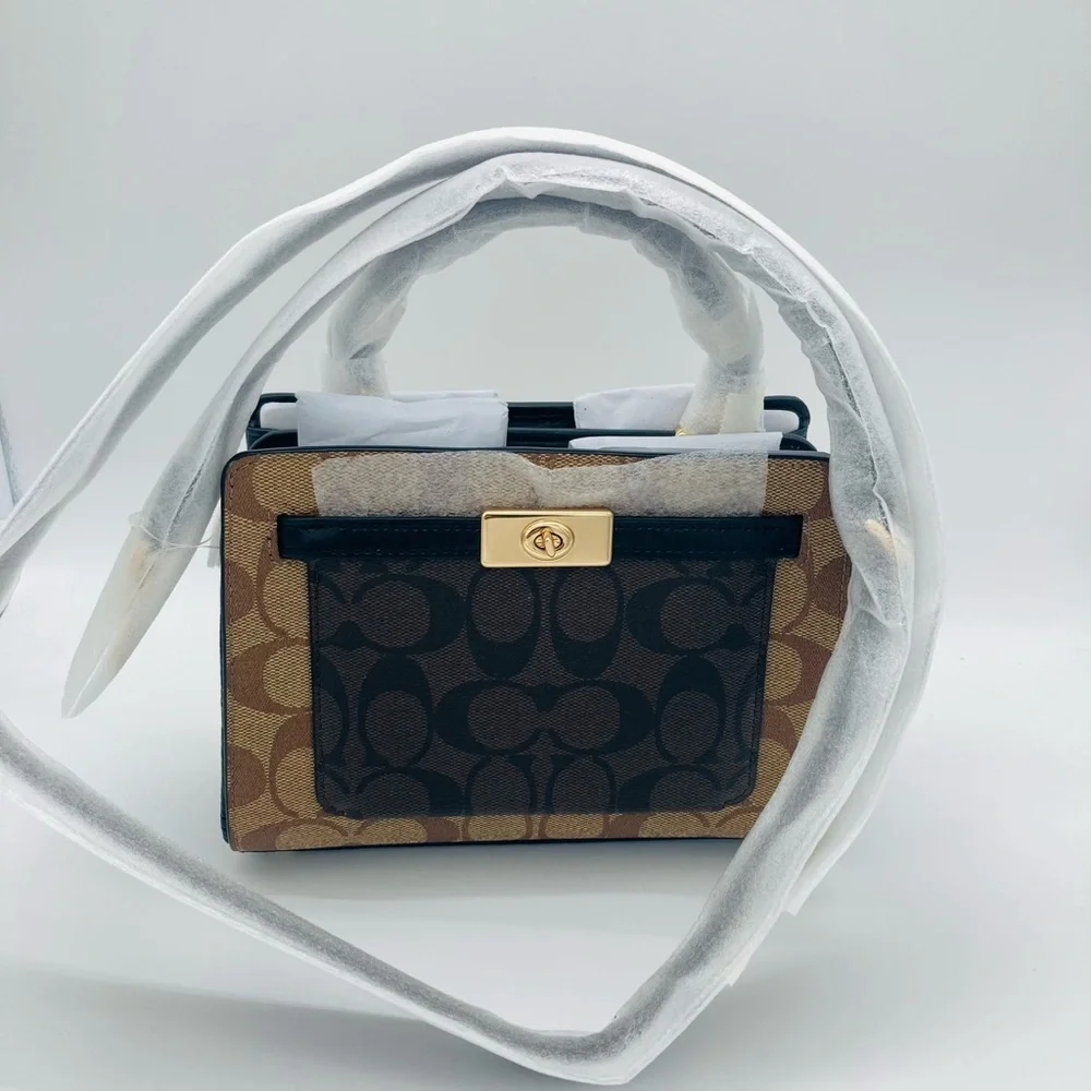 NWT COACH MINI LANE TOP HANDLE IN BLOCKED SIGNATURE CANVAS CROSSBODY BAG